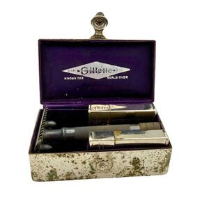 Antique King Gillette Safety Razor Kit Silver Metal Case Mens Travel Shaving